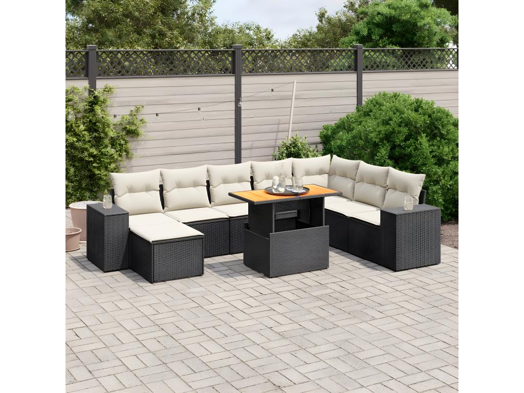 9-piece garden furniture set with cushions, black woven resin