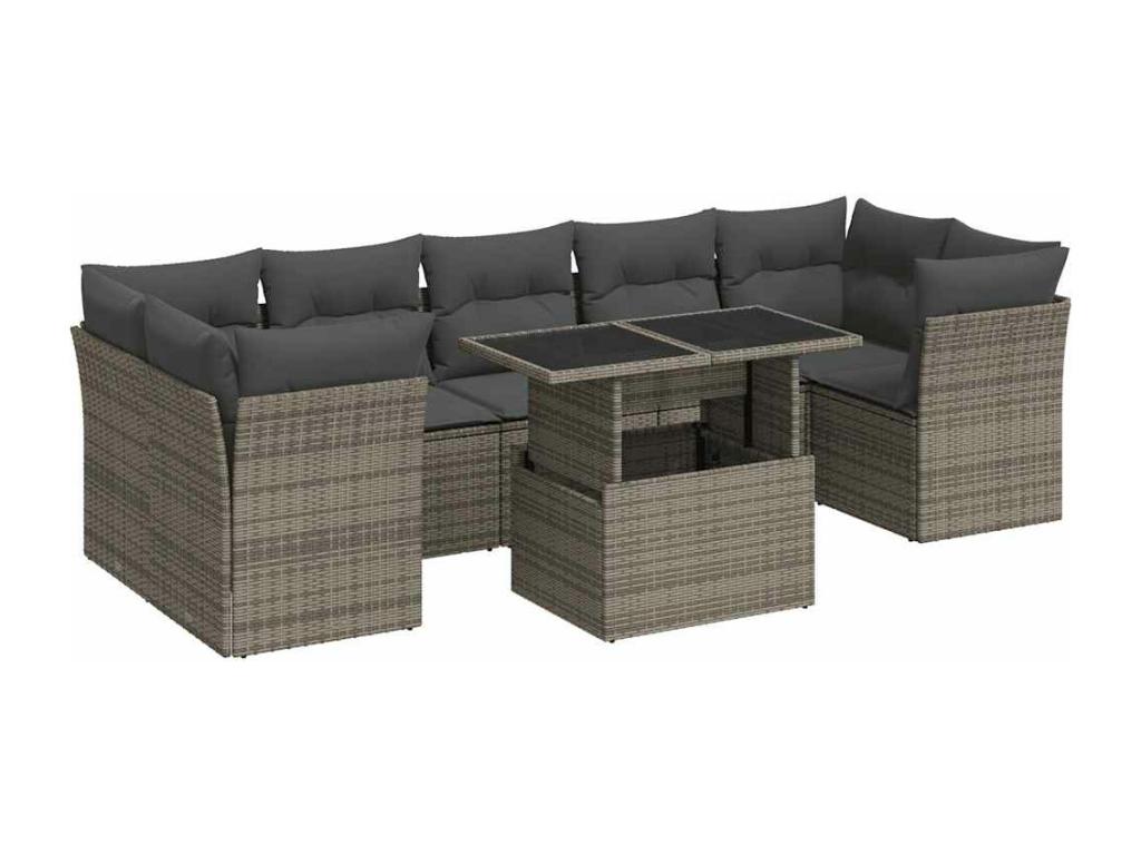 8-piece garden furniture set with grey resin wicker cushions