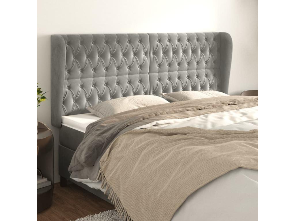 Headboard with wings, light grey, 203x23x118/128 cm, velvet