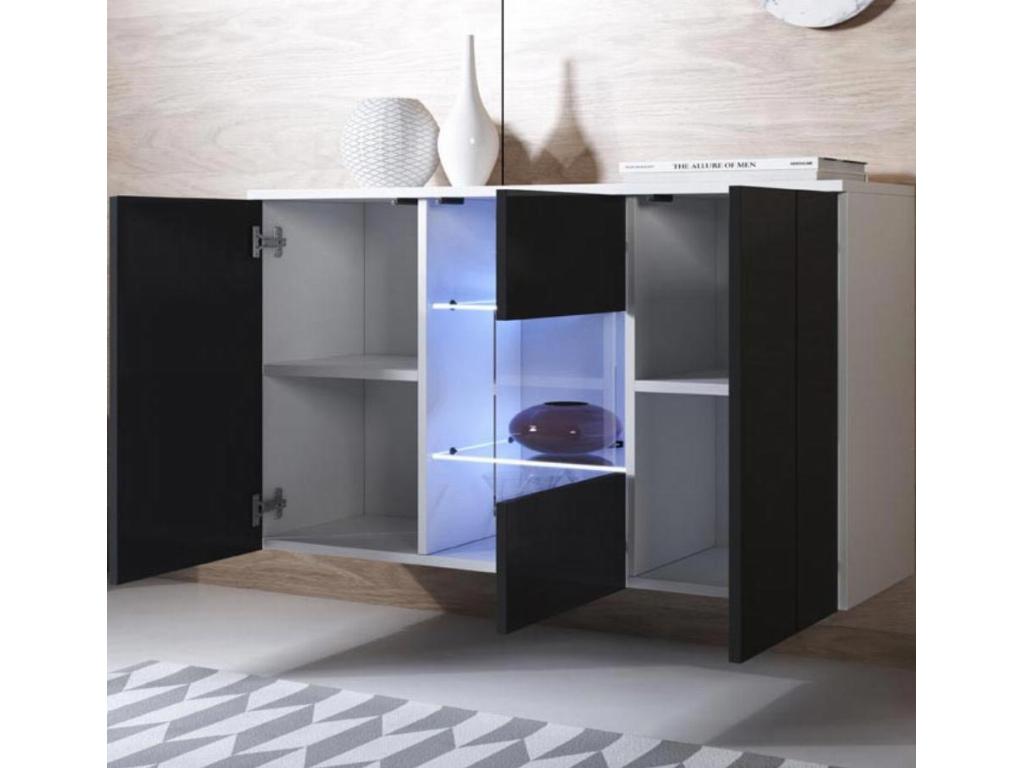 Low sideboard for living room/dining room in white and black with LED lighting, 120x40x70cm, Meubiana A2