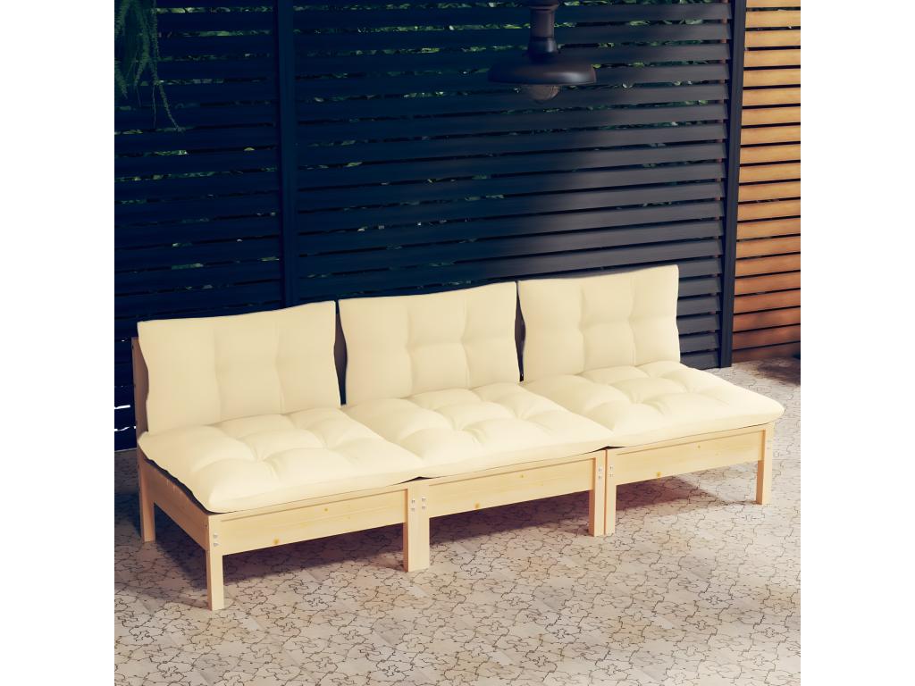 3-seater garden sofa and cream cushions. Solid pine wood.