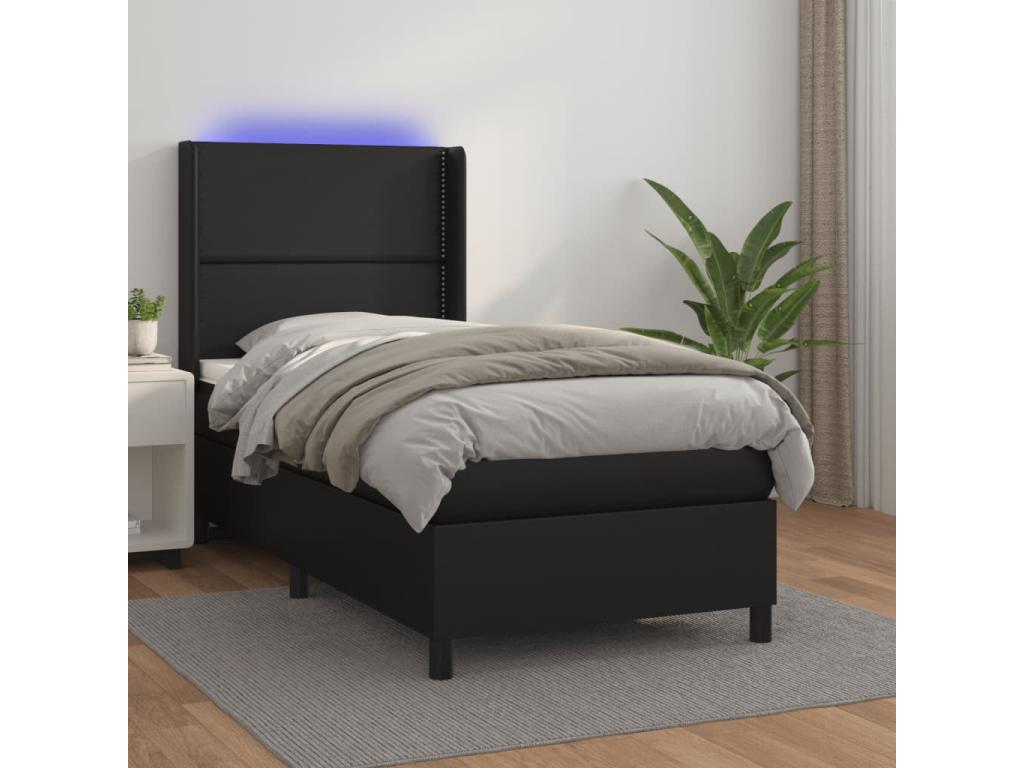 Upholstered bed base with mattress and LED lighting, black, 90x200 cm, faux leather