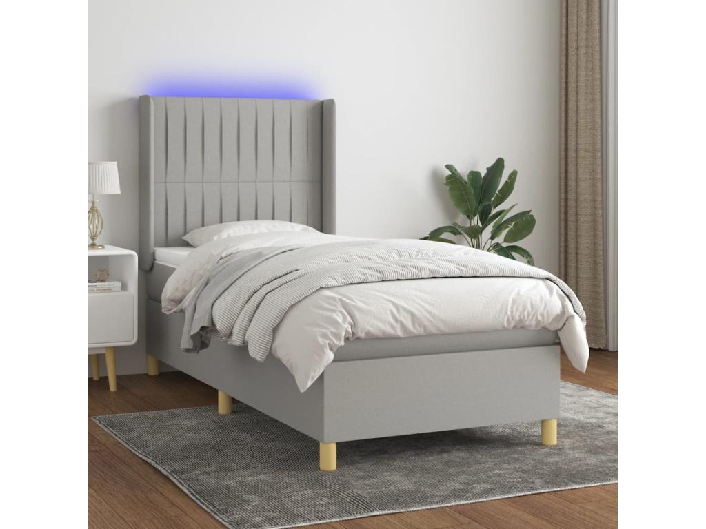 Upholstered bed base with mattress and LED light, light grey, 90x200cm, fabric