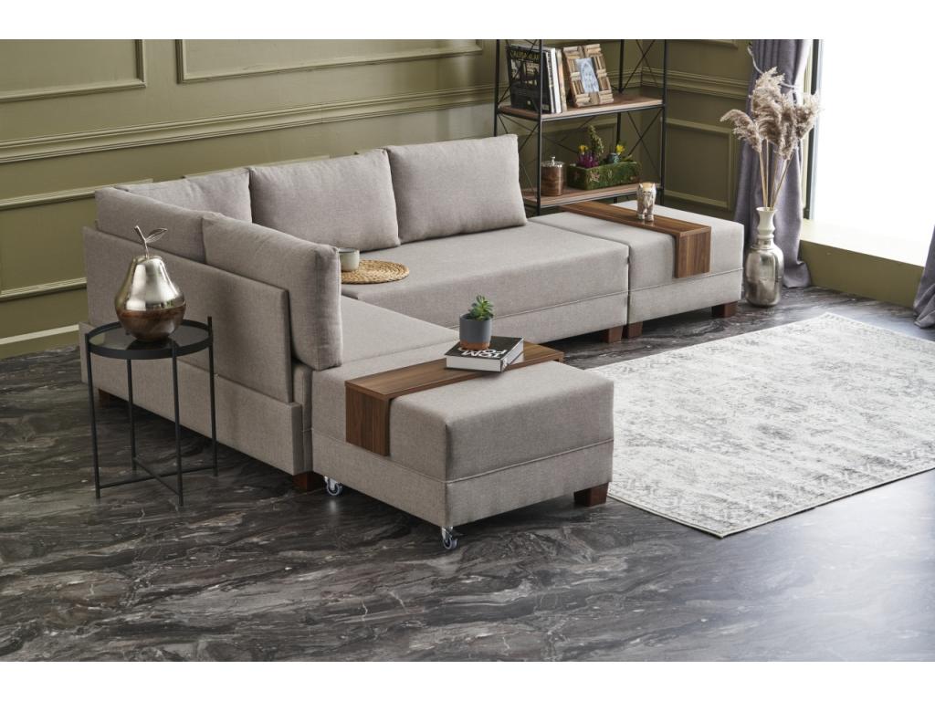 Homzora 280cm Corner Sofa Bed with 2 Ottomans - Light Beige - Left Corner