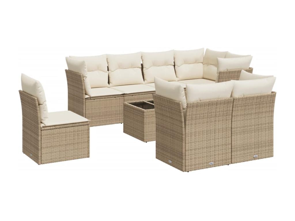9-piece garden furniture set with cushions, beige woven resin