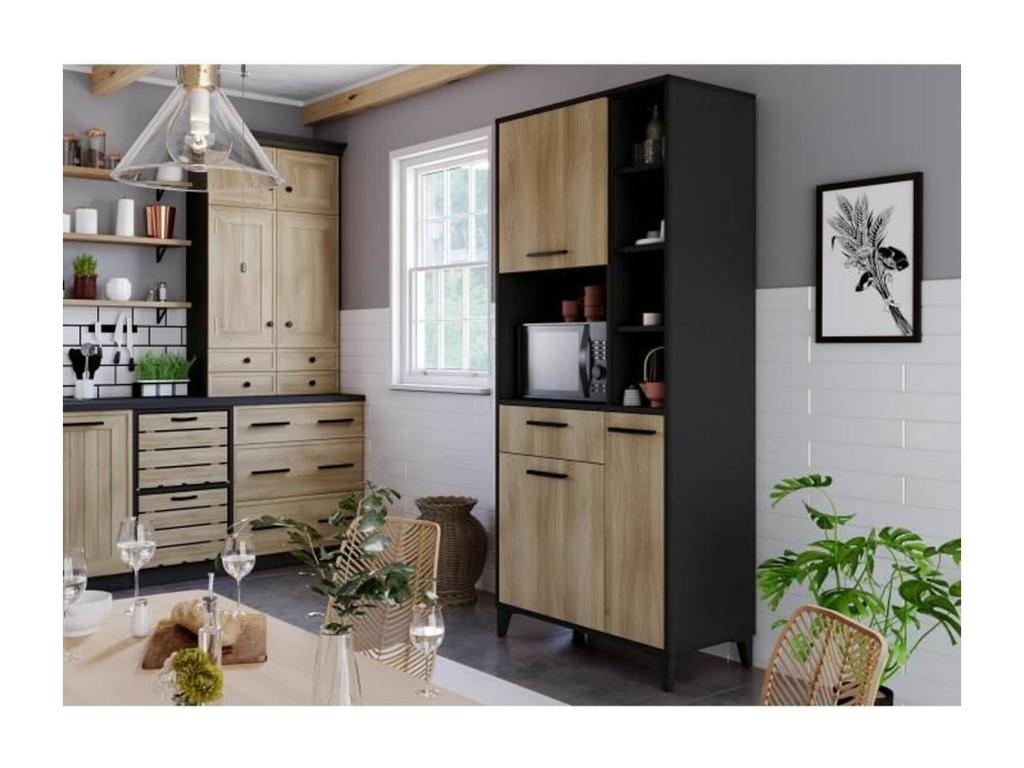 High kitchen sideboard - 3 doors and 1 drawer - Oak and black melamine - 80x40x178 cm