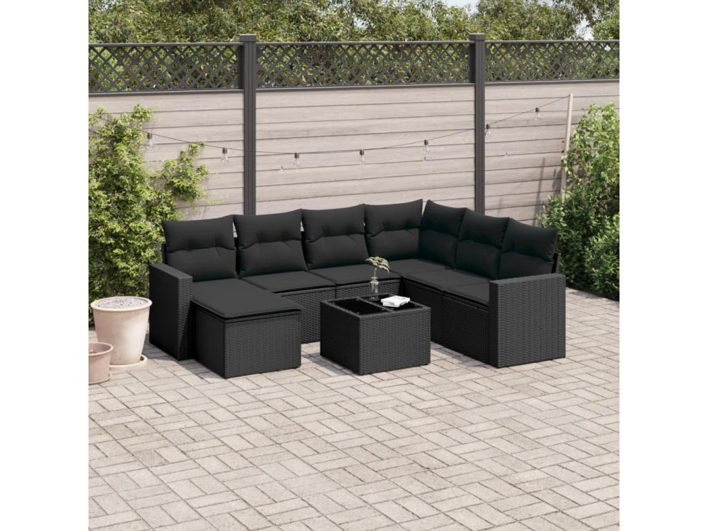 8-piece garden furniture set with cushions, black woven resin