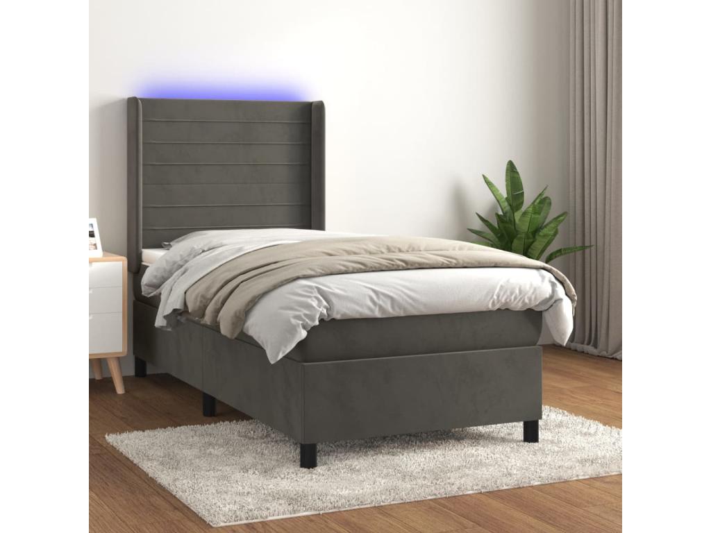 Upholstered bed base and mattress with LED lighting, Dark Grey, 90x190cm, Velvet