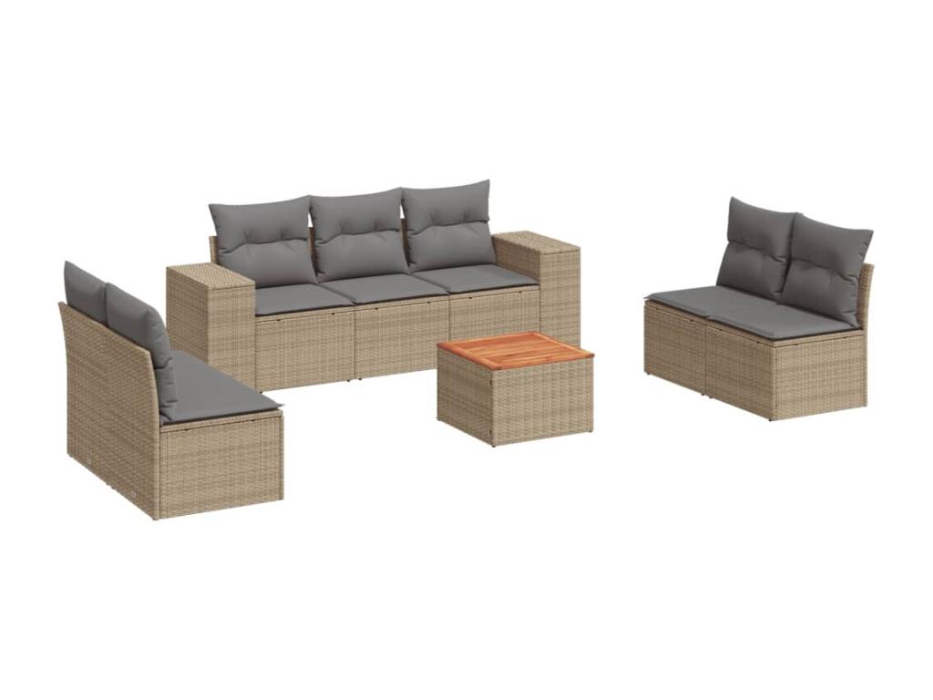 8-piece garden furniture set with cushions, beige woven resin