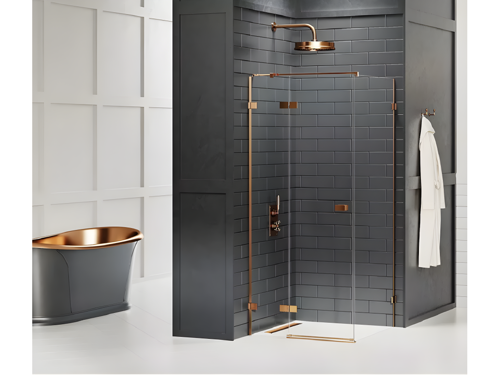 Meubiana 90x90cm Brushed Copper Shower Enclosure, Left-Hand Pivoting, Front Access