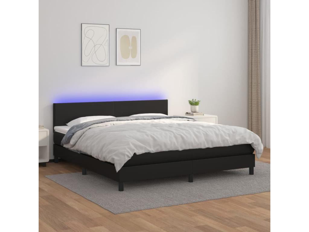 Upholstered bed base with mattress and LED lighting, black, 180x200cm, faux leather