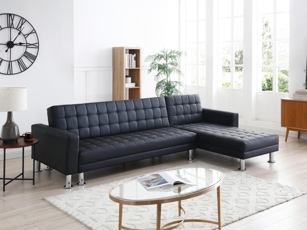 Homzora II Convertible and Reversible Corner Sofa in Black Faux Leather