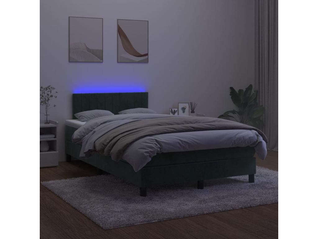 Upholstered bed base with mattress and LED light, Dark Green, 120x200 cm, Velvet