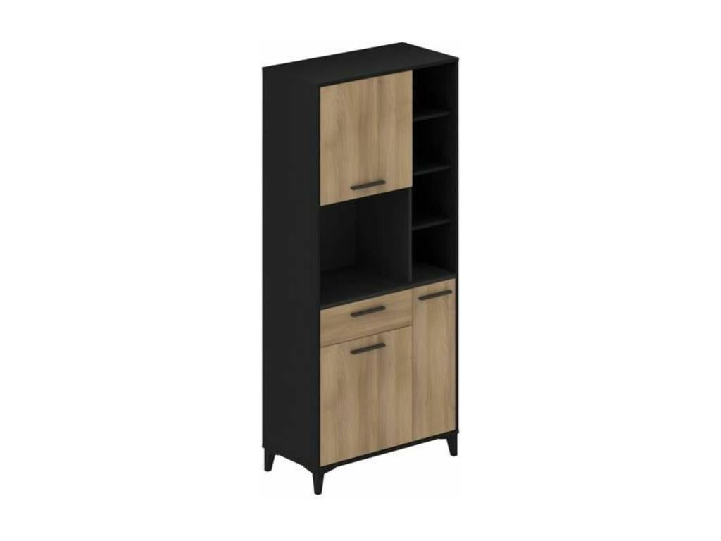 High kitchen sideboard - 3 doors and 1 drawer - Oak and black melamine - 80x40x178 cm