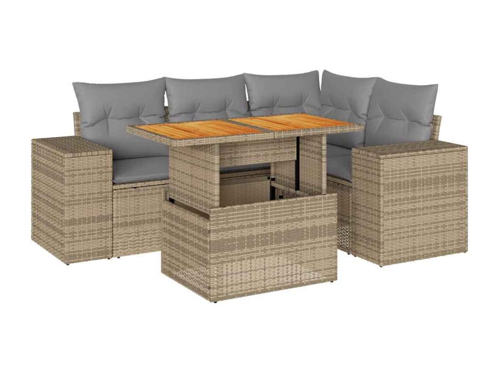5-piece garden furniture set with cushions, beige woven resin