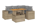 5-piece garden furniture set with cushions, beige woven resin