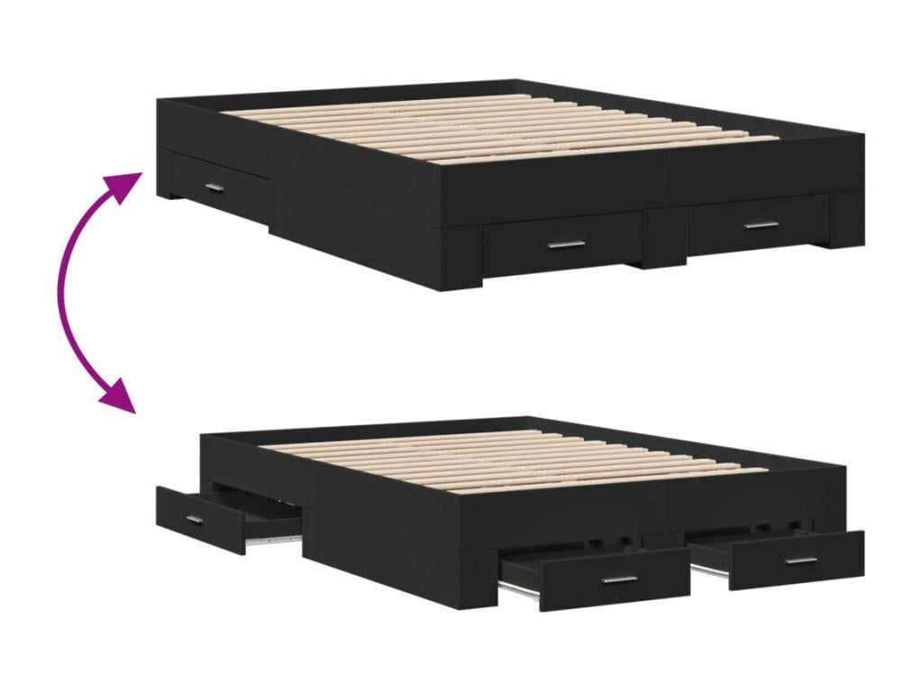 Black bed frame and drawers, 120x190 cm, engineered wood