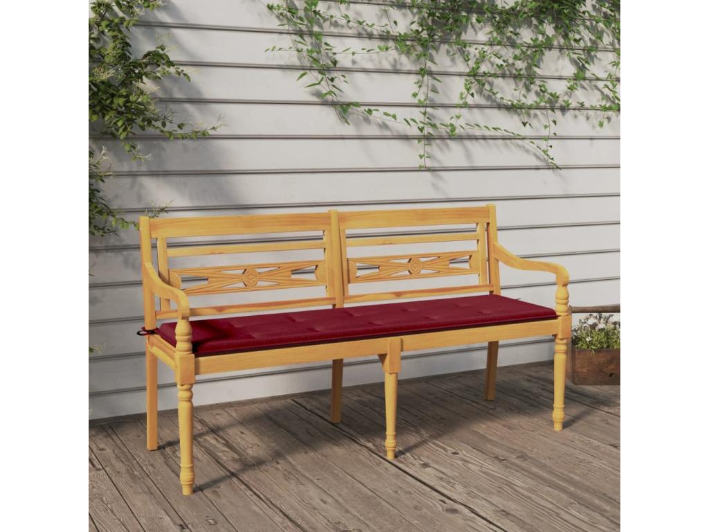 Doucezen bench with burgundy red cushion, 150cm, solid teak wood