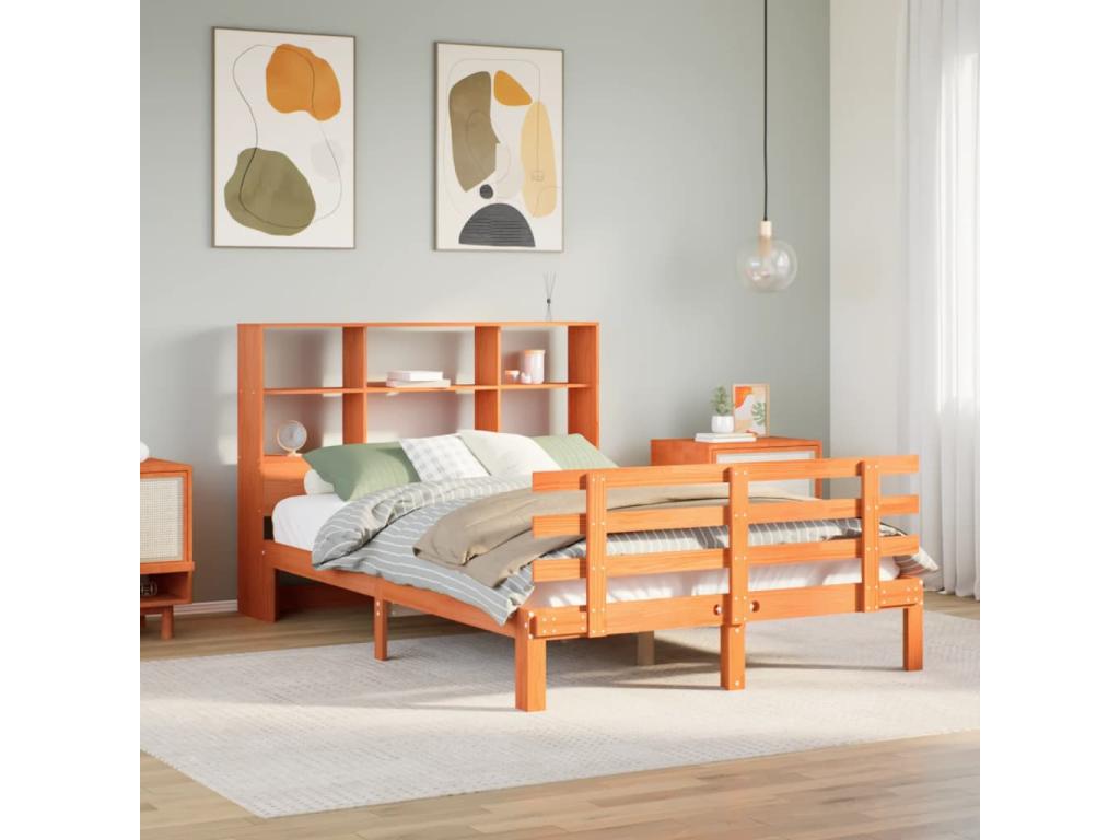 Bookcase bed without brown wax mattress 120x190cm solid pine