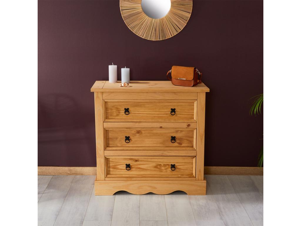 Homzora Mexican-style wooden sideboard/chest of drawers with 3 large solid pine drawers, stained and waxed finish