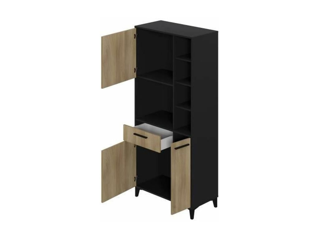 High kitchen sideboard - 3 doors and 1 drawer - Oak and black melamine - 80x40x178 cm