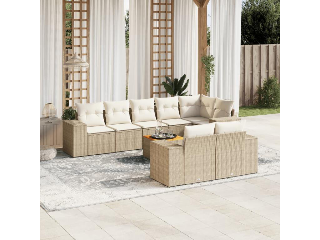 9-piece garden furniture set with cushions, beige woven resin