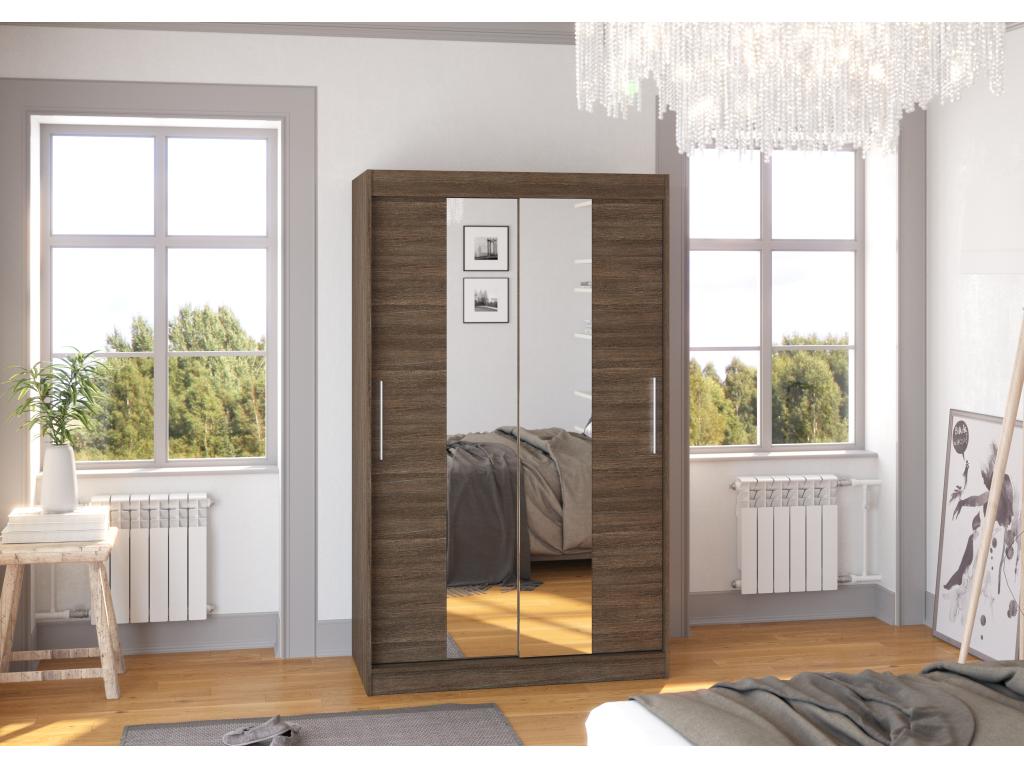 Small bedroom wardrobe with 2 sliding doors, brown, and mirror, Homzora, 120cm