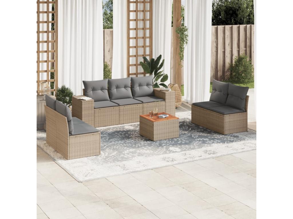 8-piece garden furniture set with cushions, beige woven resin