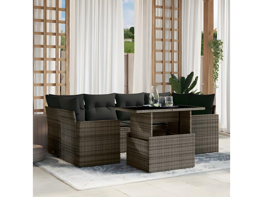 7-piece garden furniture set with cushions, grey woven resin