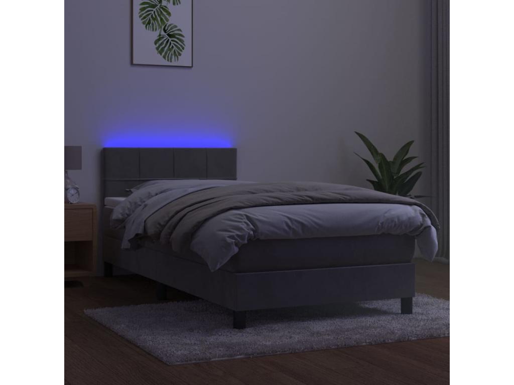 Upholstered bed base with mattress and LED light, light grey, 100x200 cm, velvet