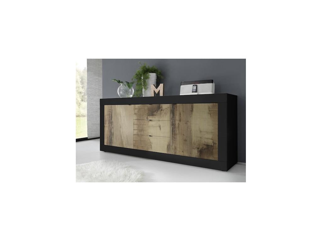 BASIC sideboard with 2 doors and 3 drawers, matte black - pero, 210 cm