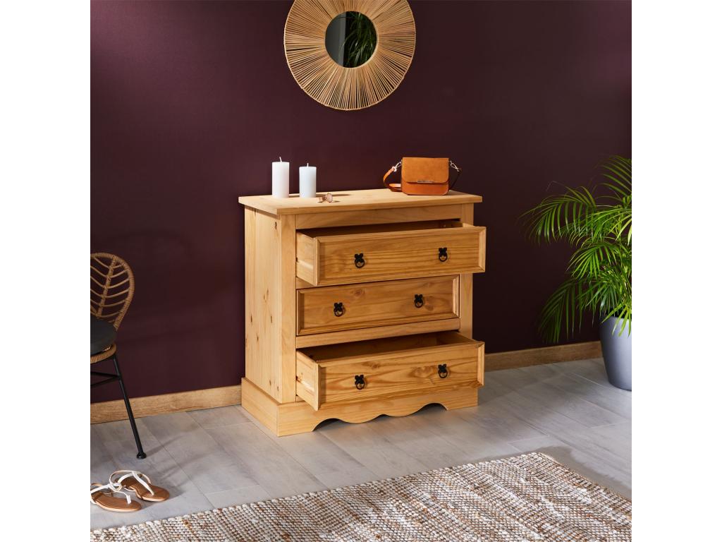 Homzora Mexican-style wooden sideboard/chest of drawers with 3 large solid pine drawers, stained and waxed finish