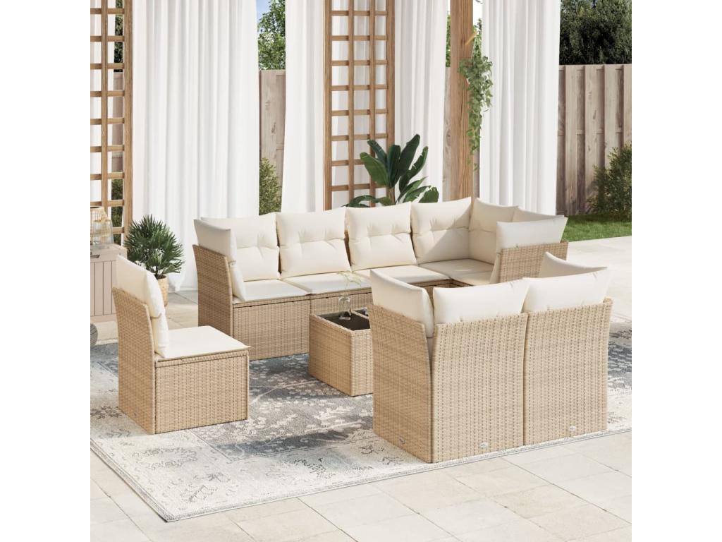 9-piece garden furniture set with cushions, beige woven resin