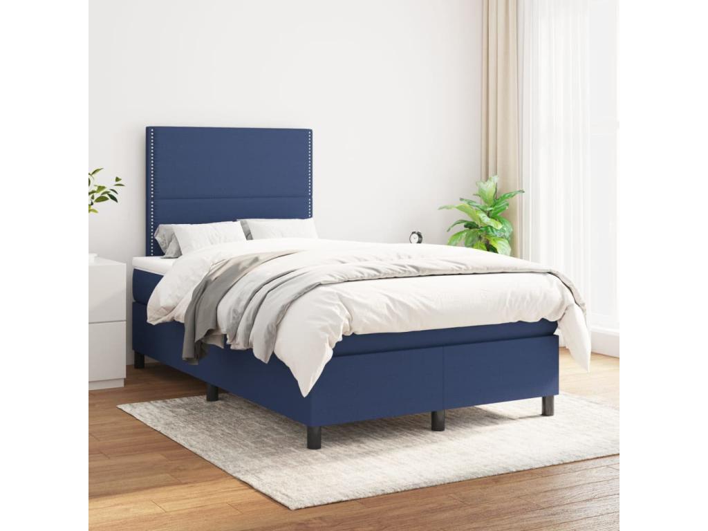 Upholstered bed base with mattress, blue, 120x200 cm, fabric