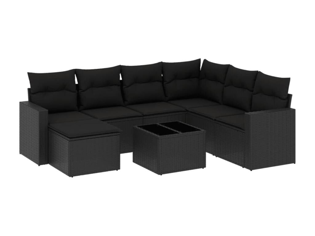 8-piece garden furniture set with cushions, black woven resin