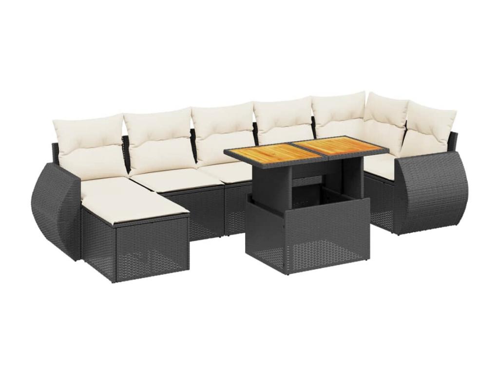 8-piece garden furniture set with cushions, black woven resin