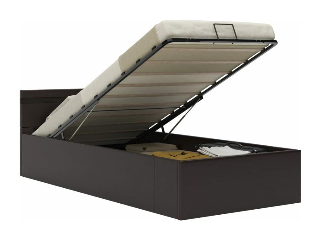 Storage bed frame with LED lighting, grey faux leather, 90x200 cm