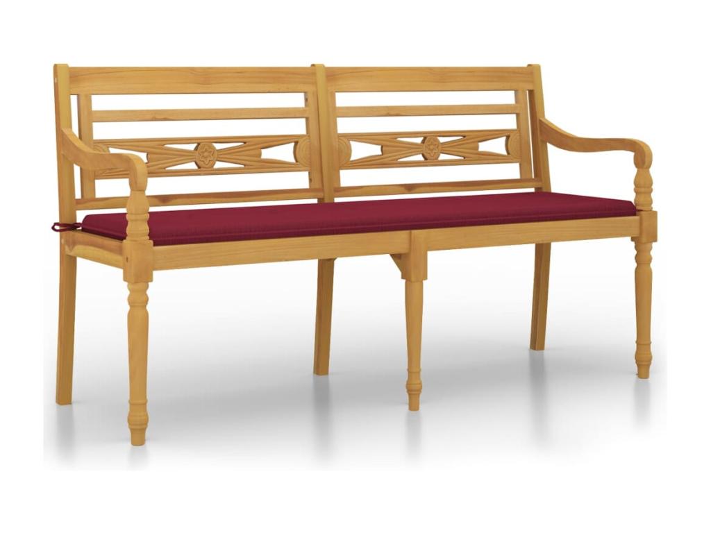 Doucezen bench with burgundy red cushion, 150cm, solid teak wood