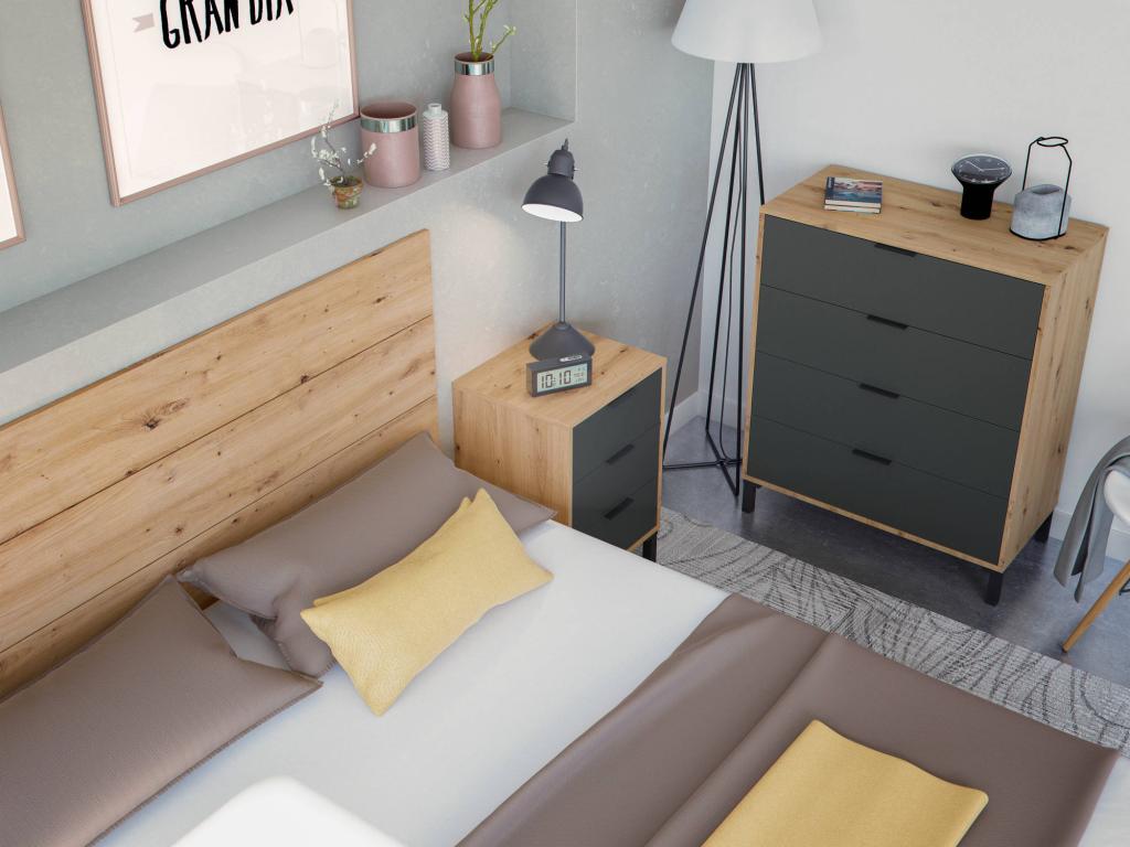 Bedside table bedroom set including headboard and 2 bedside tables with 3 drawers, Damoros 160x2 cm, knot-effect oak and anthracite