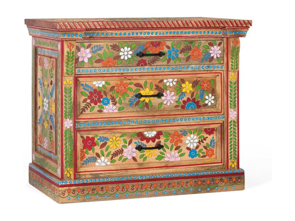 Hand-painted mango wood three-drawer chest