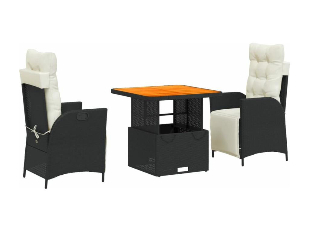 3-Piece Black Garden Dining Set with Cushions