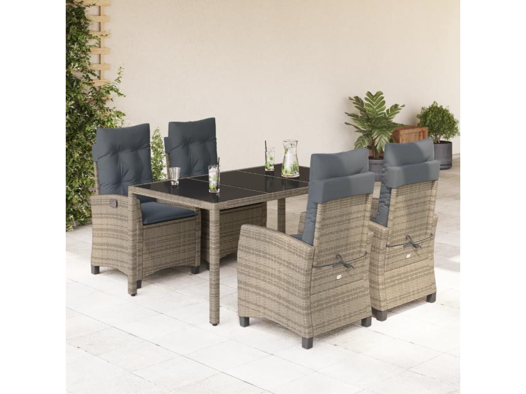 5-piece garden dining set with grey resin wicker cushions