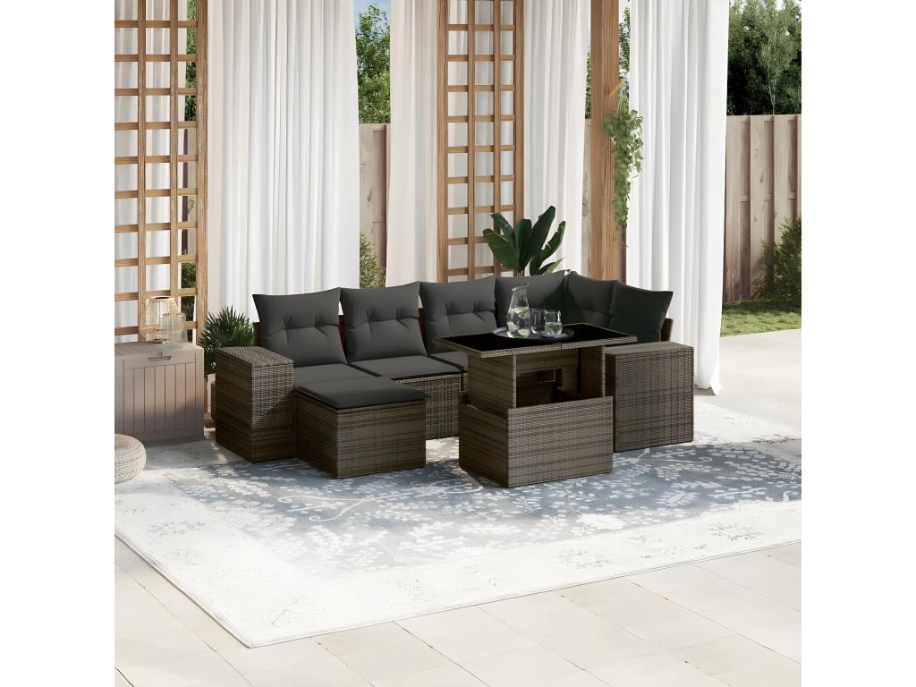 7-piece garden furniture set with cushions, grey woven resin