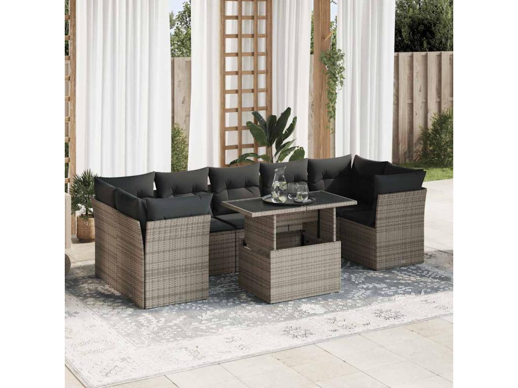 8-piece garden furniture set with grey resin wicker cushions