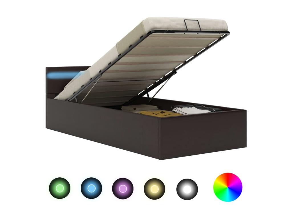 Storage bed frame with LED lighting, grey faux leather, 90x200 cm