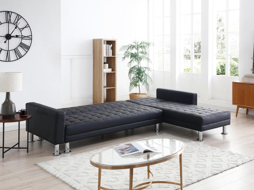 Homzora II Convertible and Reversible Corner Sofa in Black Faux Leather