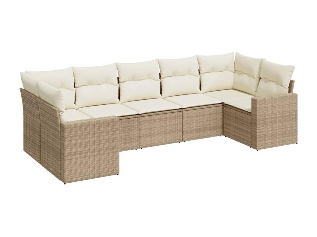 7-piece garden furniture set with cushions, beige woven resin