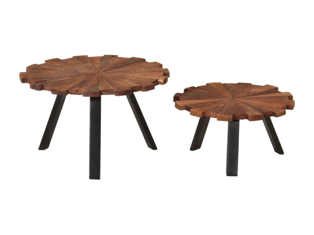 Two-piece coffee tables made of reclaimed solid wood and iron