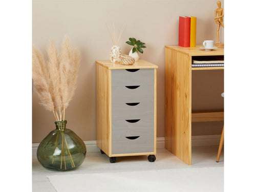 Homzora office storage unit with 5 drawers in solid pine with a natural varnish and grey stain finish
