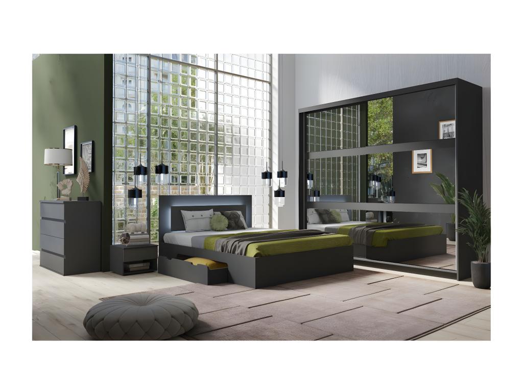 Homzora bedroom set - 180x200 cm bed with slatted base, 2 drawers, bedside tables, wardrobe and chest of drawers - graphite grey